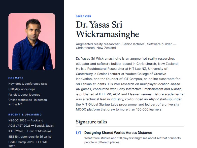 Preview of the one-page speaker sheet for Dr. Yasas Sri Wickramasinghe