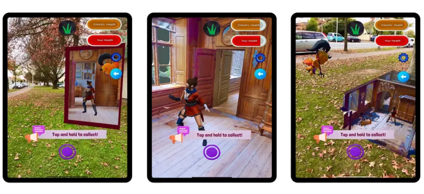 Three phone screenshots side by side showing the same AR game in window mode, overlay mode and tabletop mode