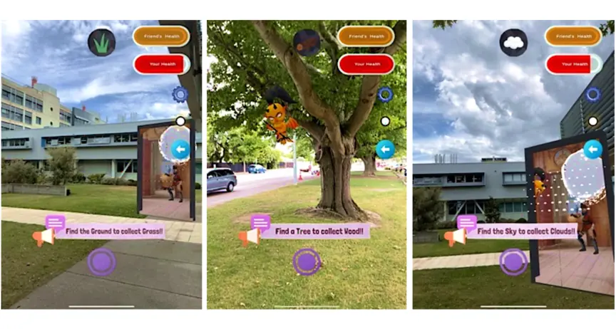 Three phone screenshots prompting the player to find the ground to collect grass, find a tree to collect wood, and find the sky to collect clouds
