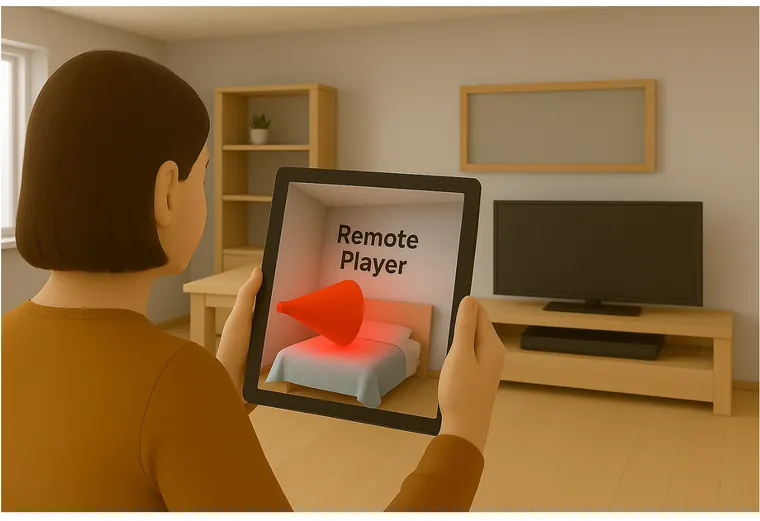 Illustration of a player holding a tablet showing a remote room, with a red cone of light marking where the remote player is standing and looking