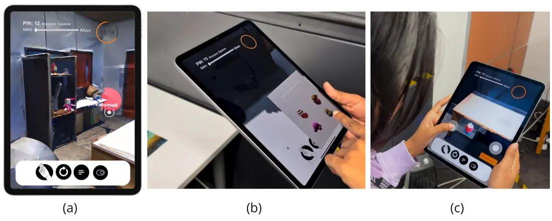 Three screenshots of the Hider's tablet: a one-to-one AR view of the Seeker's room, an inventory of virtual objects to choose from, and on-screen thumbsticks used to position the chosen object