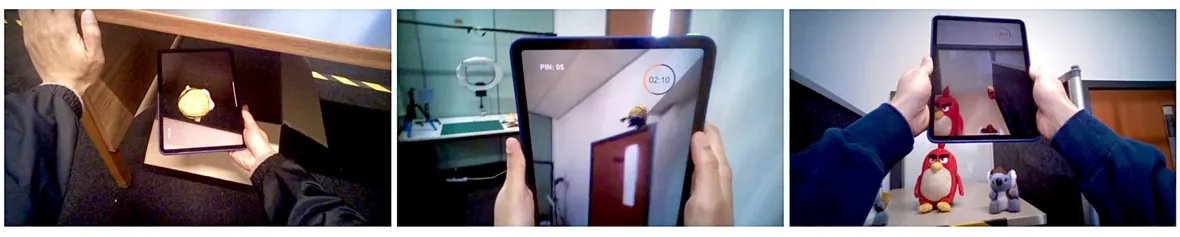 Three photographs of players holding tablets up in a real room, discovering virtual objects hidden on a shelf, beside a door and on a desk