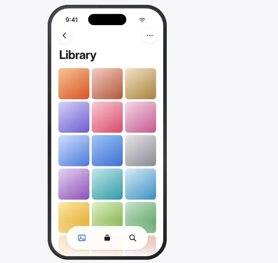 Animation: a typical iPhone photo library with bars at the top and bottom morphs into the wider iPhone Duo outer screen, where status, toolbar and tab bar stack along the right edge