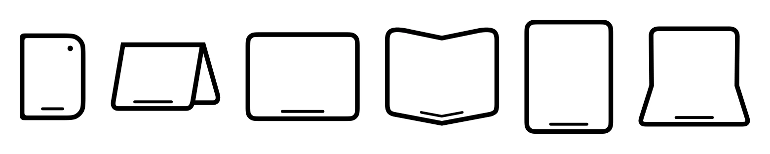 Six line drawings from Apple's guidelines showing iPhone Duo poses: closed, tent, flat, book, portrait and laptop