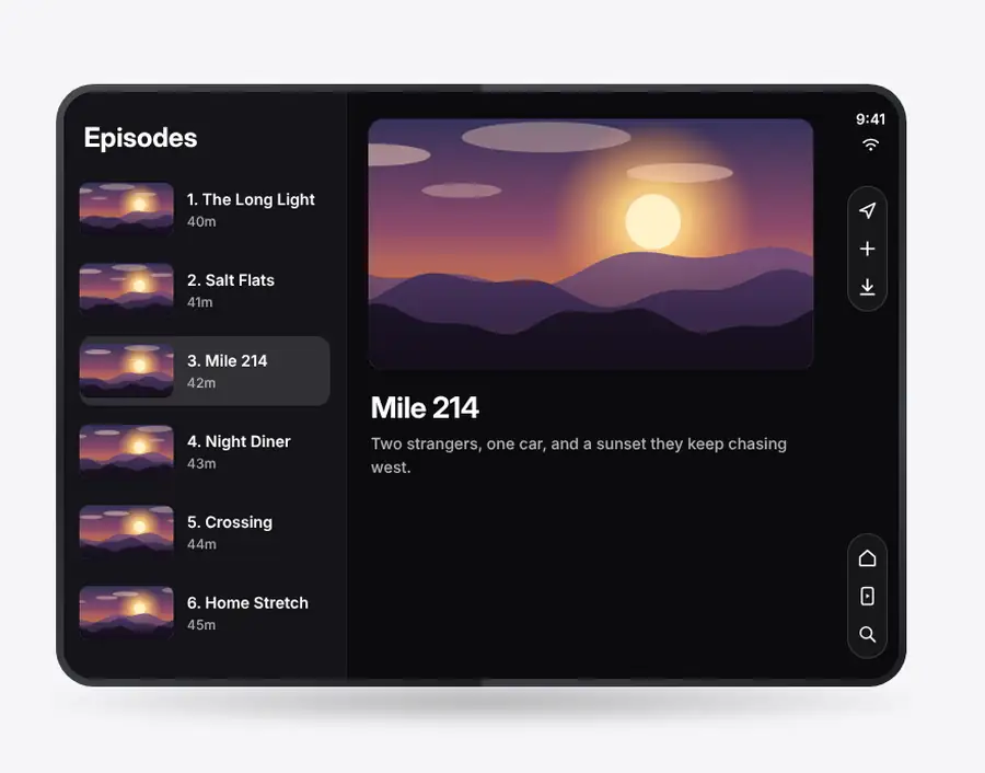 Animation: an episode list and detail view on a flat inner screen with an alert over the crease; as the phone half folds, the panes become equal and the alert slides into the right half