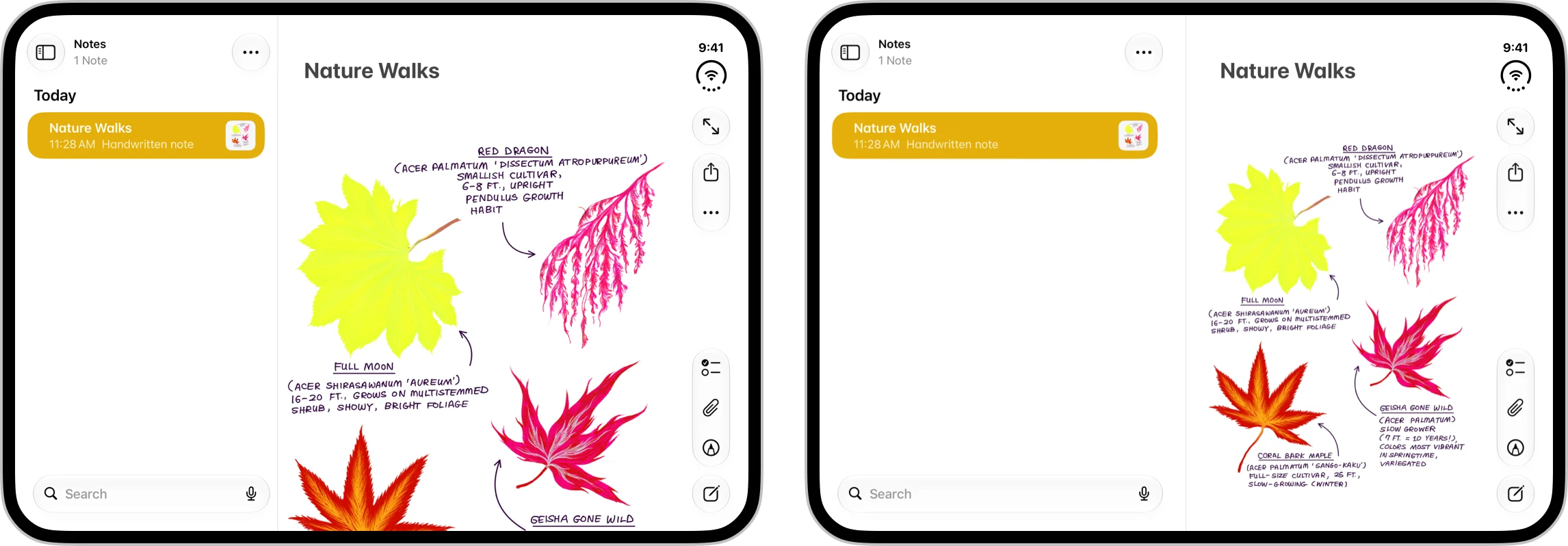 Apple's Notes example on the iPhone Duo inner screen: flat, the note list is narrower than the note; half folded, both panes are the same width