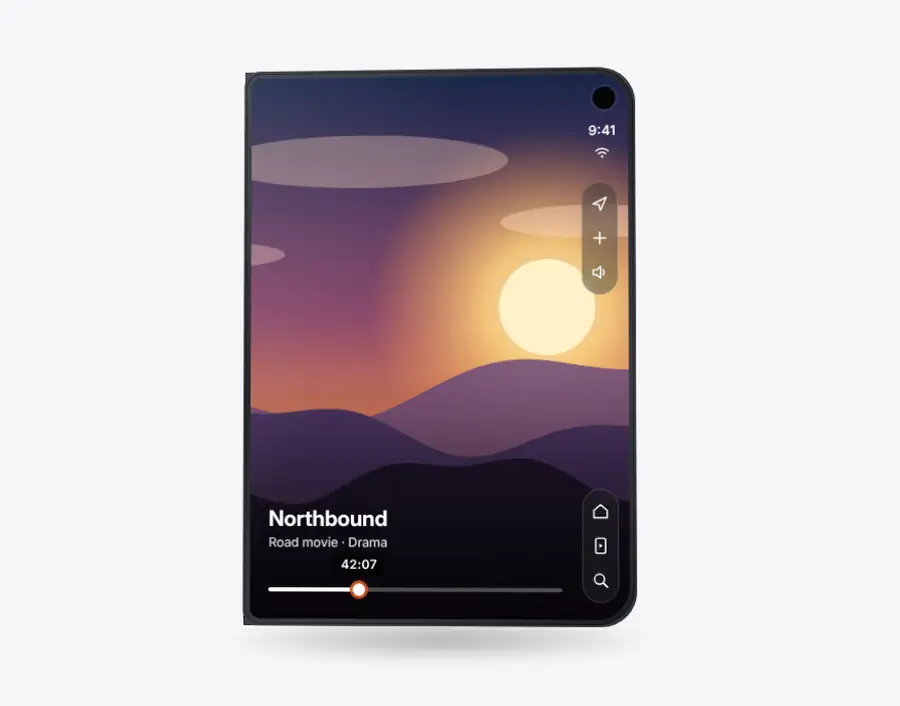 Animation: a foldable phone shows a vertical sunset clip on its outer screen, then opens like a book and the same clip continues in widescreen at the same timestamp