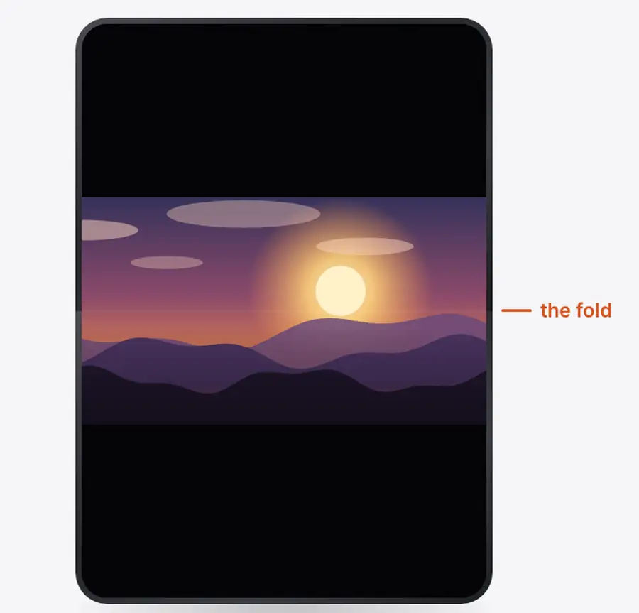 Animation: flat, the play button sits on the fold line; when the phone is propped up like a laptop, the video moves to the top half and the playback controls move to the bottom half