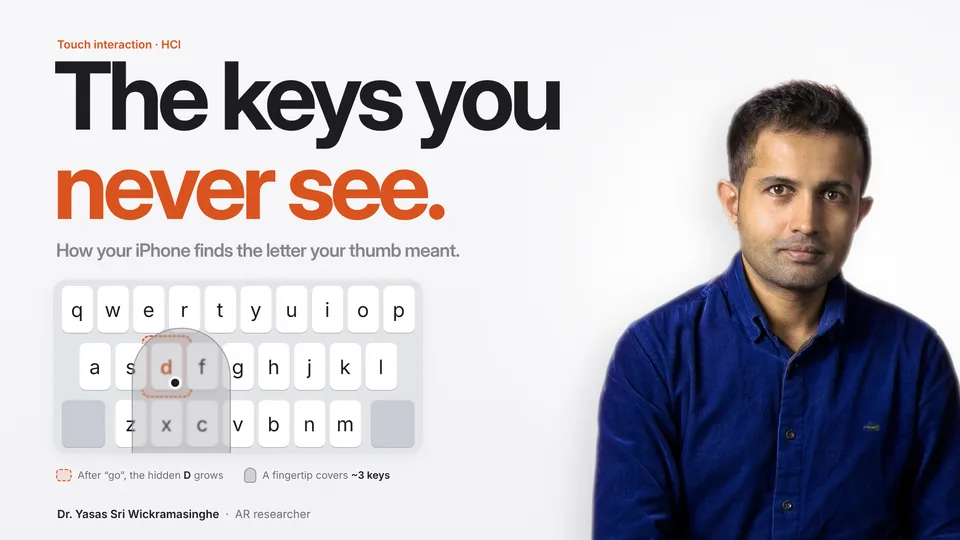 The keys you never see: an iPhone-style keyboard where a fingertip covers three keys, beside Dr. Yasas Sri Wickramasinghe