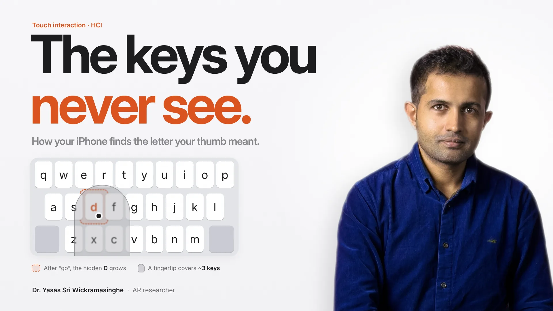 Cover: The keys you never see, beside Dr. Yasas Sri Wickramasinghe, with an iPhone-style keyboard where a fingertip covers three keys and D's hidden hit area grows
