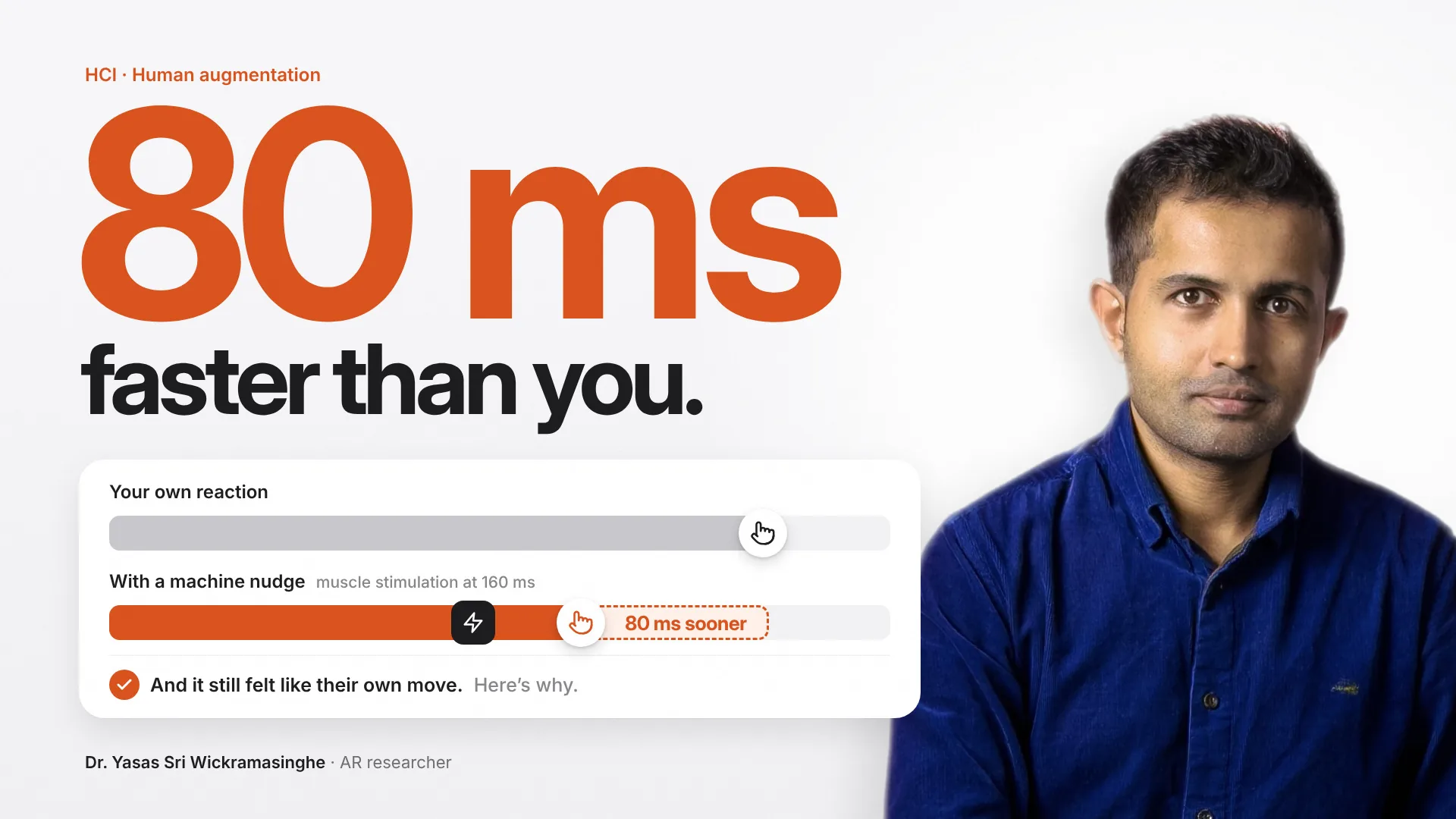 Cover: the giant number 80 ms above the words faster than you, beside Dr. Yasas Sri Wickramasinghe, with a card comparing a person's own reaction to one where muscle stimulation fires at 160 ms