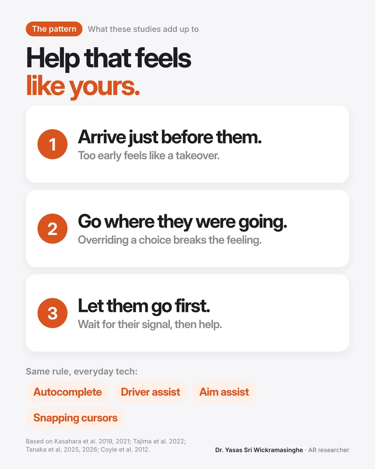 Three numbered rules: arrive just before them, go where they were going, let them go first, applying to autocomplete, driver assist, aim assist and snapping cursors
