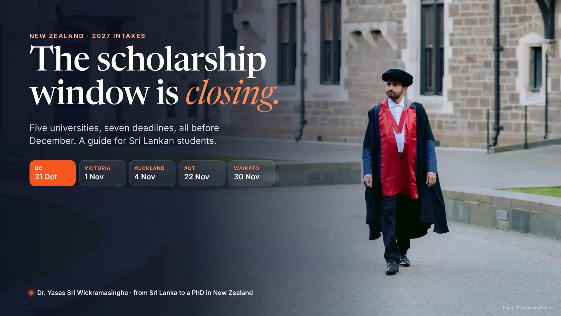 Cover: The scholarship window is closing, with 2027 deadlines for UC, Victoria, Auckland, AUT and Waikato beside Dr. Yasas Sri Wickramasinghe in doctoral robes walking through a stone university quadrangle