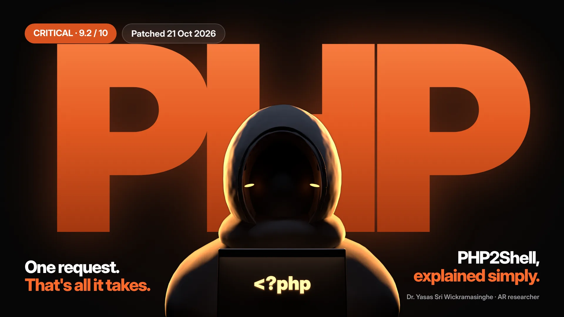 Cover: a hooded hacker in front of a giant glowing PHP logo, with the line One request. That's all it takes. PHP2Shell, explained simply.