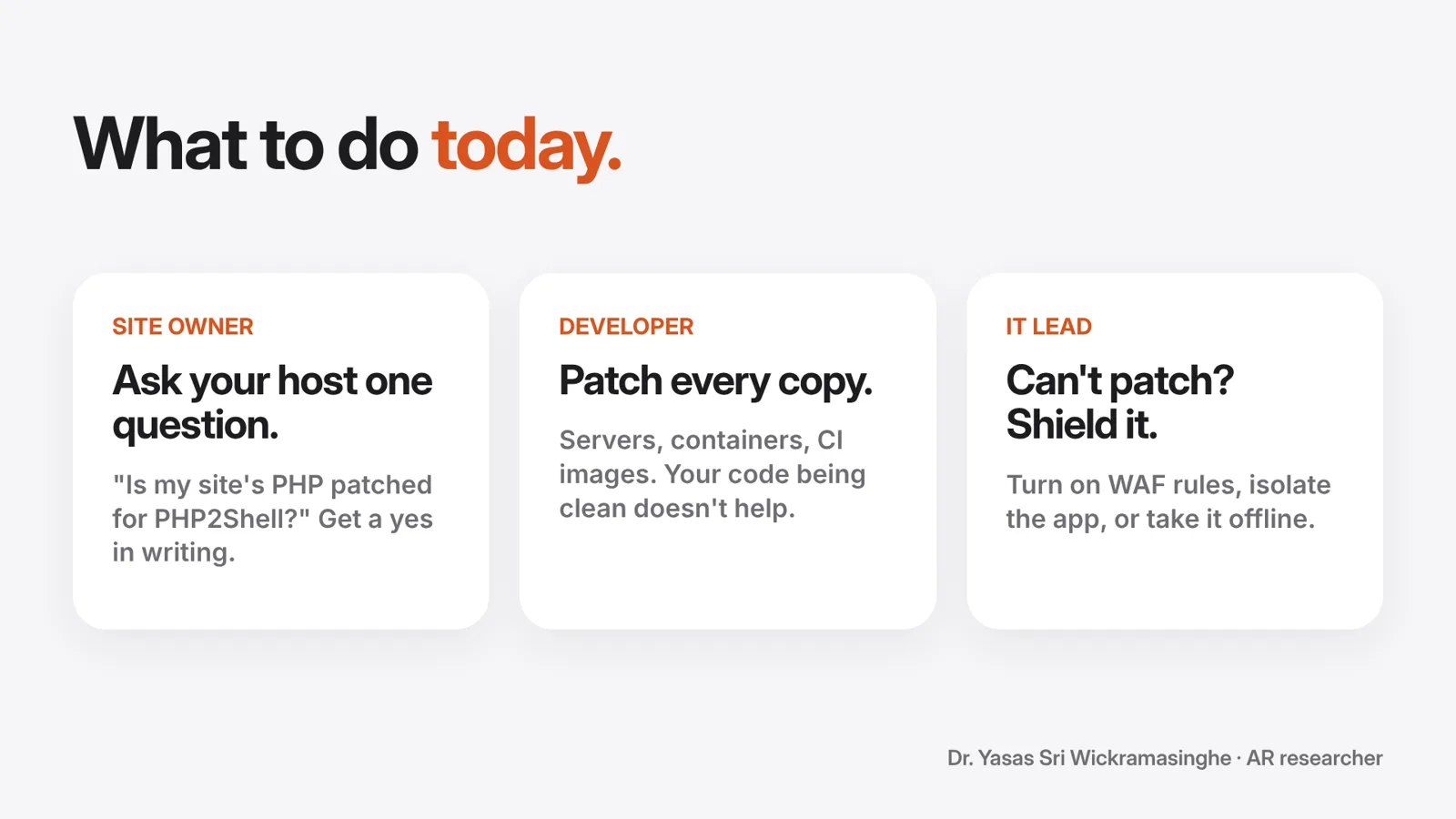 Action checklist for PHP2Shell: site owners ask their host if PHP is patched, developers patch every copy of PHP, IT leads shield with firewall rules or isolate unpatchable apps.
