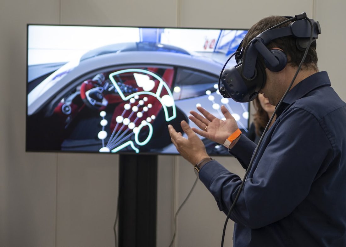 A player wearing a headset to experience a location-based augmented reality game