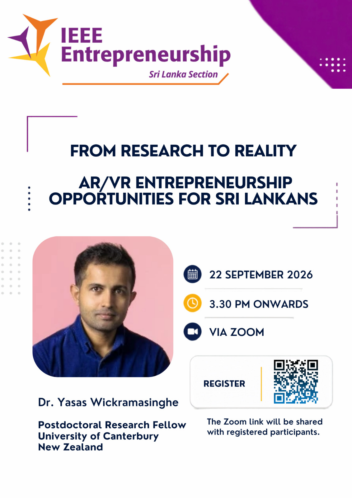 IEEE Entrepreneurship Sri Lanka Section flyer — From Research to Reality: AR/VR Entrepreneurship Opportunities for Sri Lankans