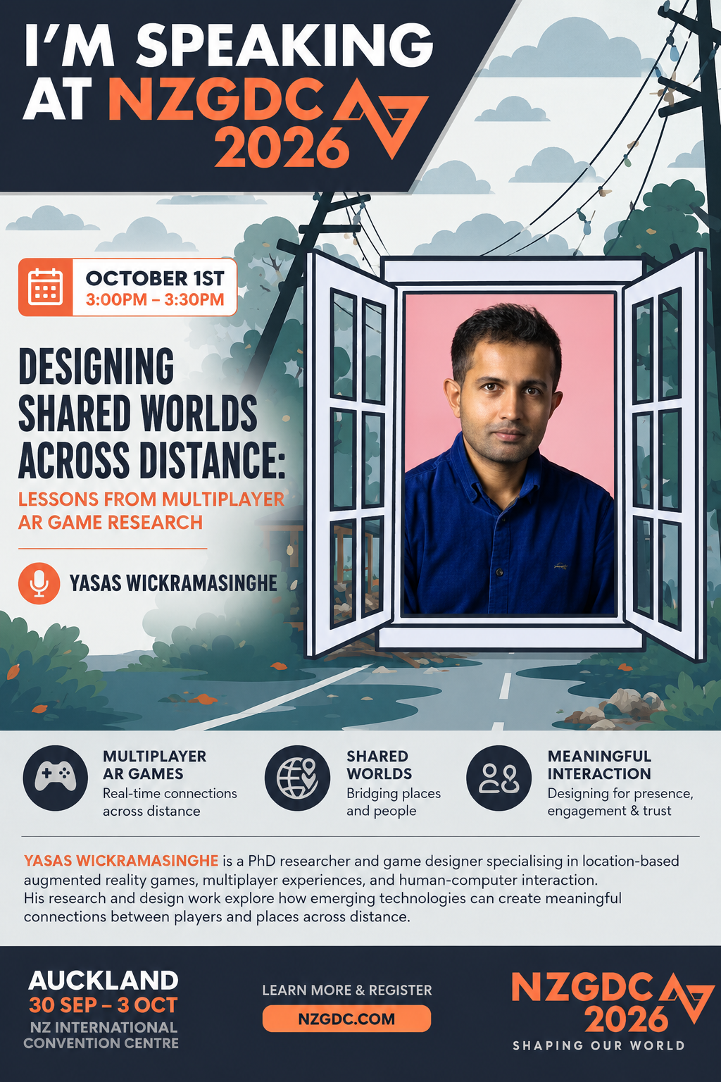 NZGDC 2026 speaker flyer — Designing Shared Worlds Across Distance: Lessons from Multiplayer AR Game Research