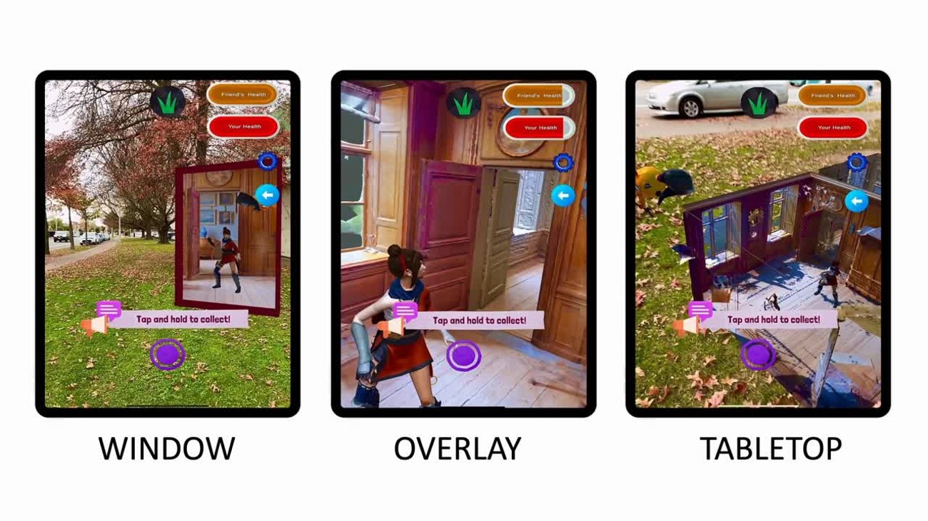 The three AR representations compared in Study 01: Window, Overlay and Tabletop views of the same remote room, each with a shared health-bar HUD