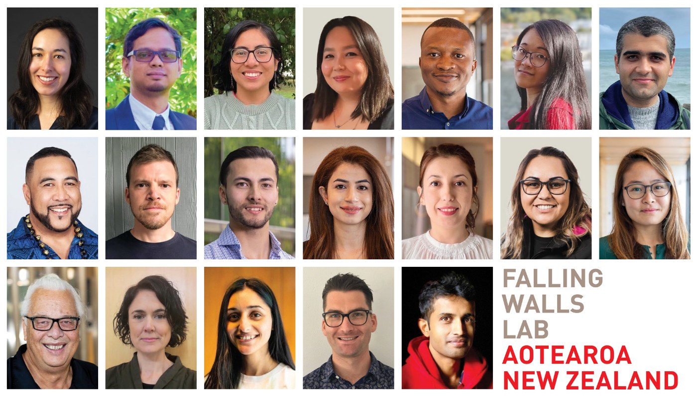 Official Falling Walls Lab Aotearoa New Zealand 2024 cohort collage of all nineteen participants, including Dr. Yasas Sri Wickramasinghe
