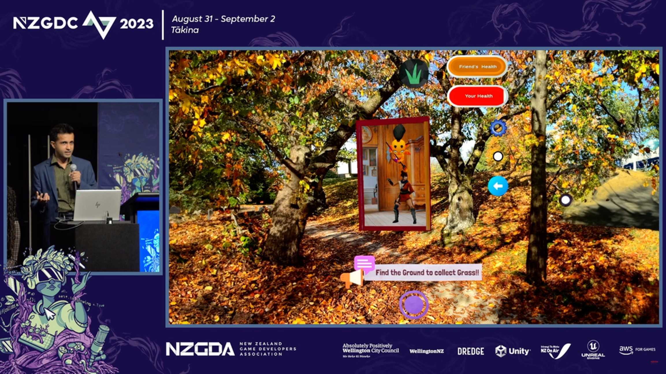 NZGDC 2023 livestream frame showing a location-based AR demo — a forest scene with an AR character and the prompt ‘Find the Ground to collect Grass!!’
