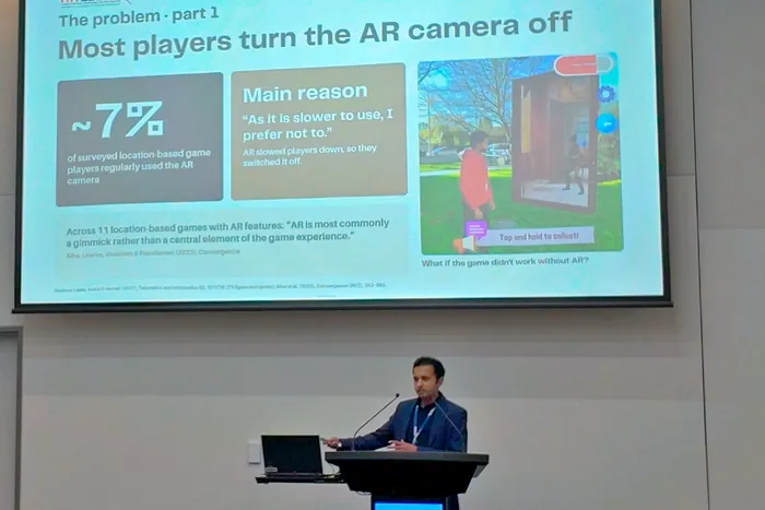 Presenting the slide ‘Most players turn the AR camera off’: only about 7% of surveyed location-based game players regularly used it