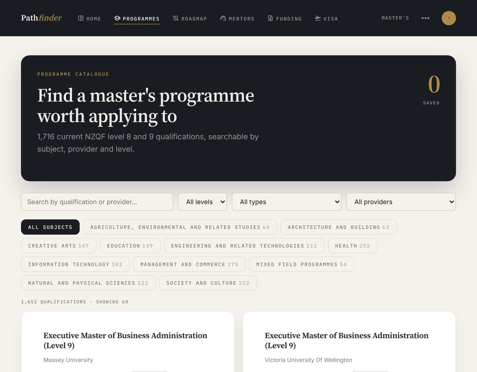 PathFinder programme catalogue — “Find a master’s programme worth applying to”, with 1,716 current NZQF level 8 and 9 qualifications searchable by subject, provider and level, subject filters showing counts per field, and result cards for master’s programmes at Massey University and Victoria University of Wellington
